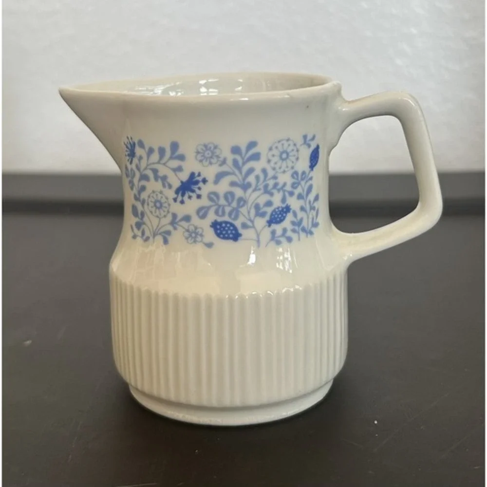 Vintage MCM Electric Kettle Creamer Pitcher Sugar Dish Mug Cup Blue Floral Japan